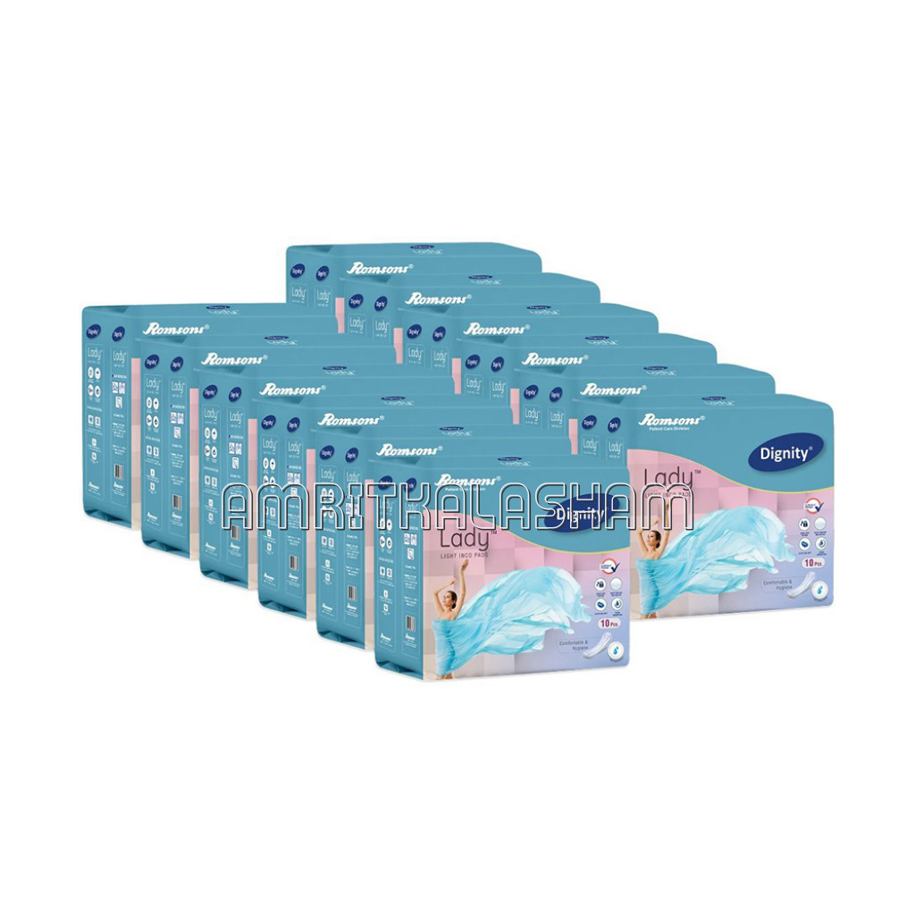 Dignity Lady Light Incontinence Pads For Leakage Protection, 10 Pads/Pack (Pack Of 12) 120 Pads