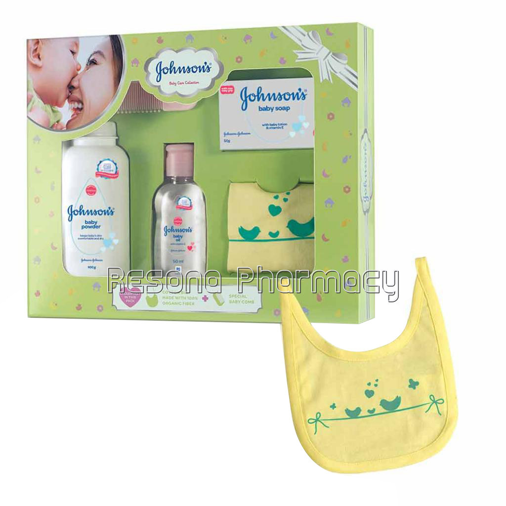 Johnson'S Baby Care Collection With Organic Cotton Bib And Baby Comb (5 Gift Items, Green)