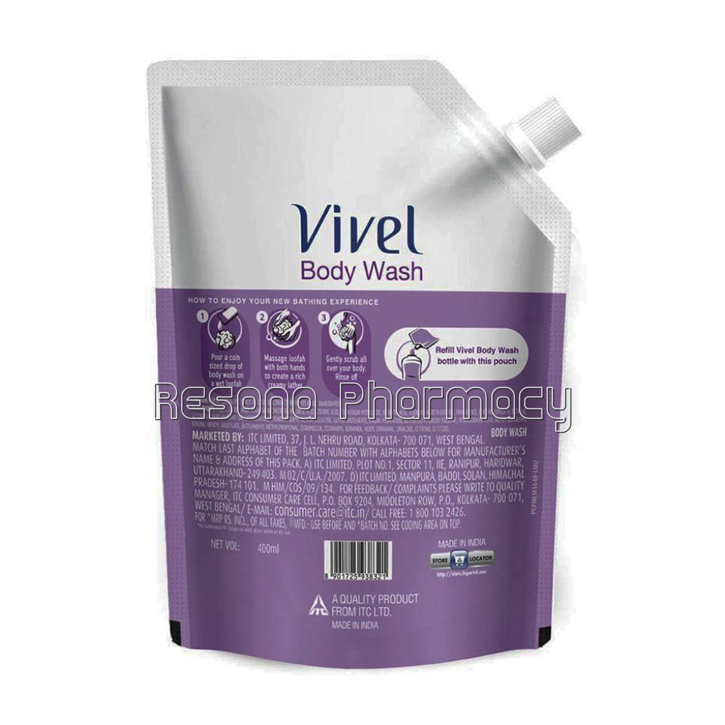 Vivel Lavender and Almond Oil Body Wash, Liquid Refill Pouch 400 Ml