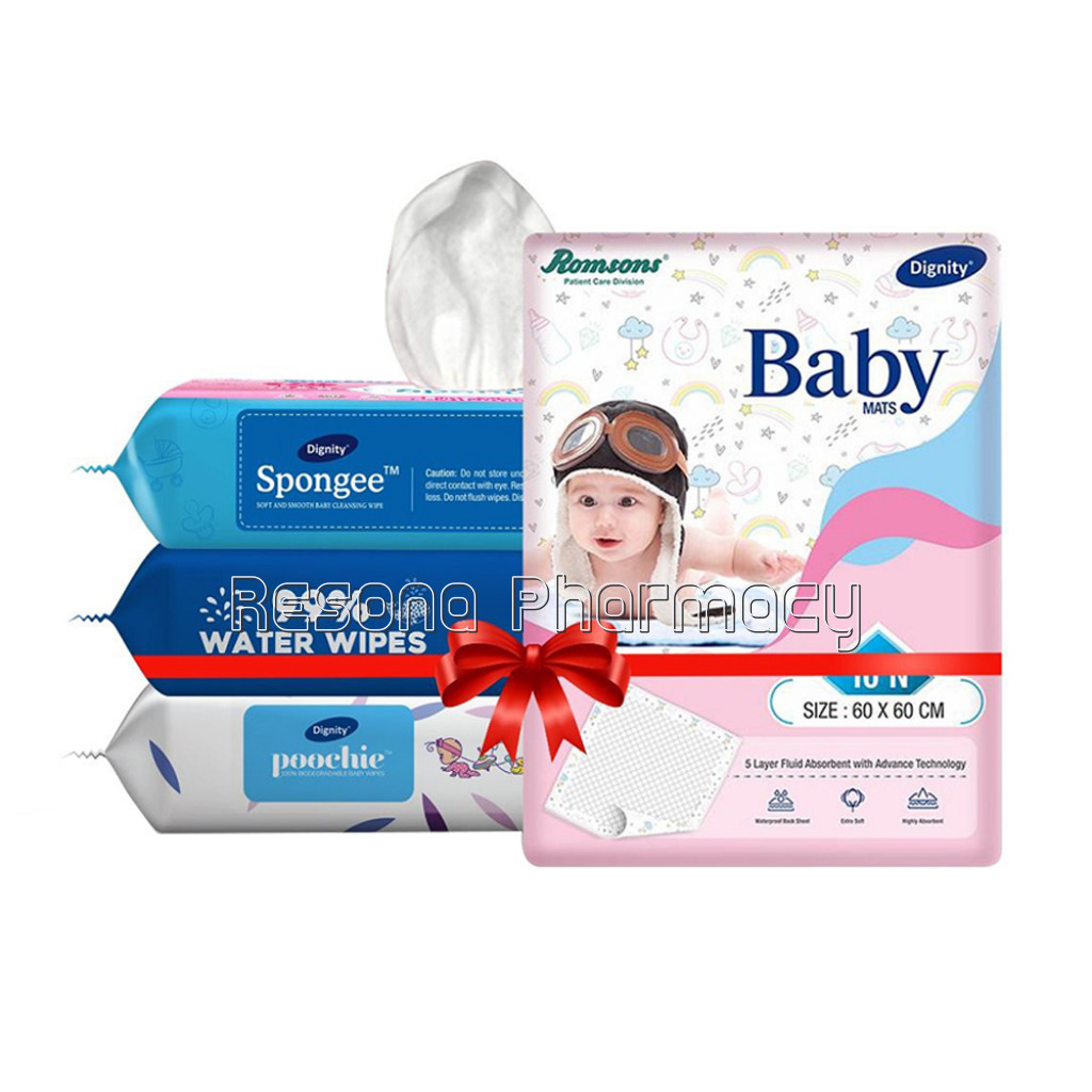Dignity Baby Combo Pack (Baby Changing Mats 10 Pcs, Spongee Baby Wipes 72 Pcs, Poochie Baby Wipes 80 Pcs, 99% Water Wipes 80 Pcs)