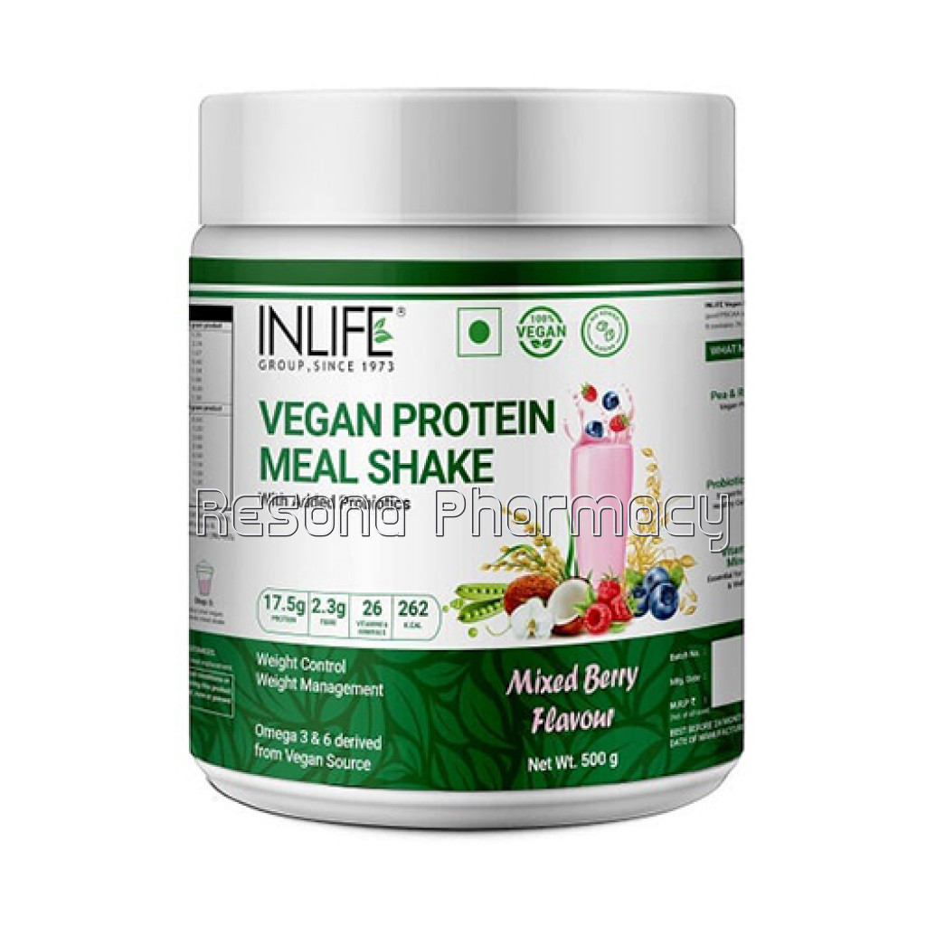 Inlife Vegan Protein Meal Replacement Shake With Added Probiotics, 500Gm (Mixed Berry Flavour)