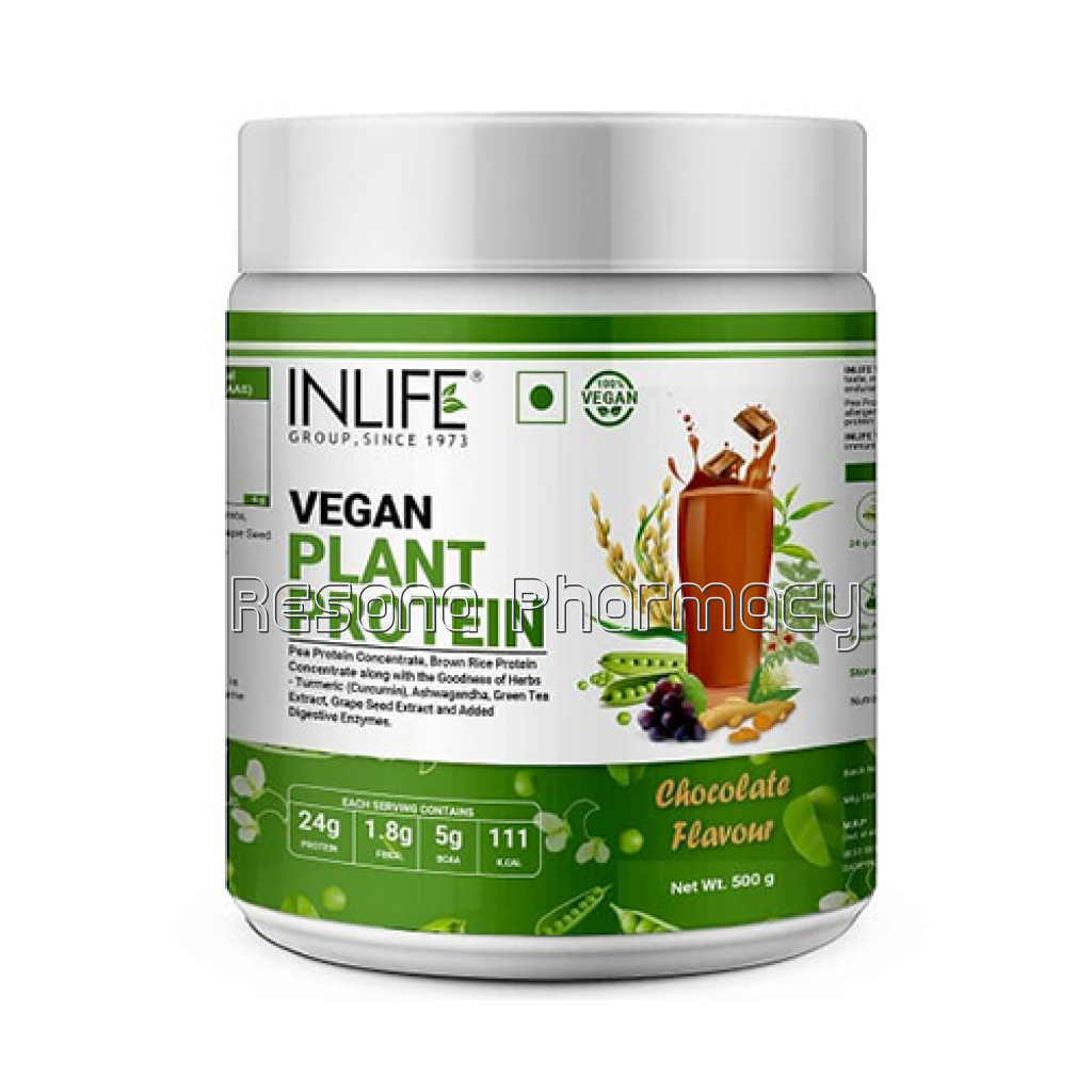 Inlife Vegan Plant Based Protein Powder 24G Protein (Pea and Brown Rice) With Ayurvedic Herbs (500Gm, Chocolate)