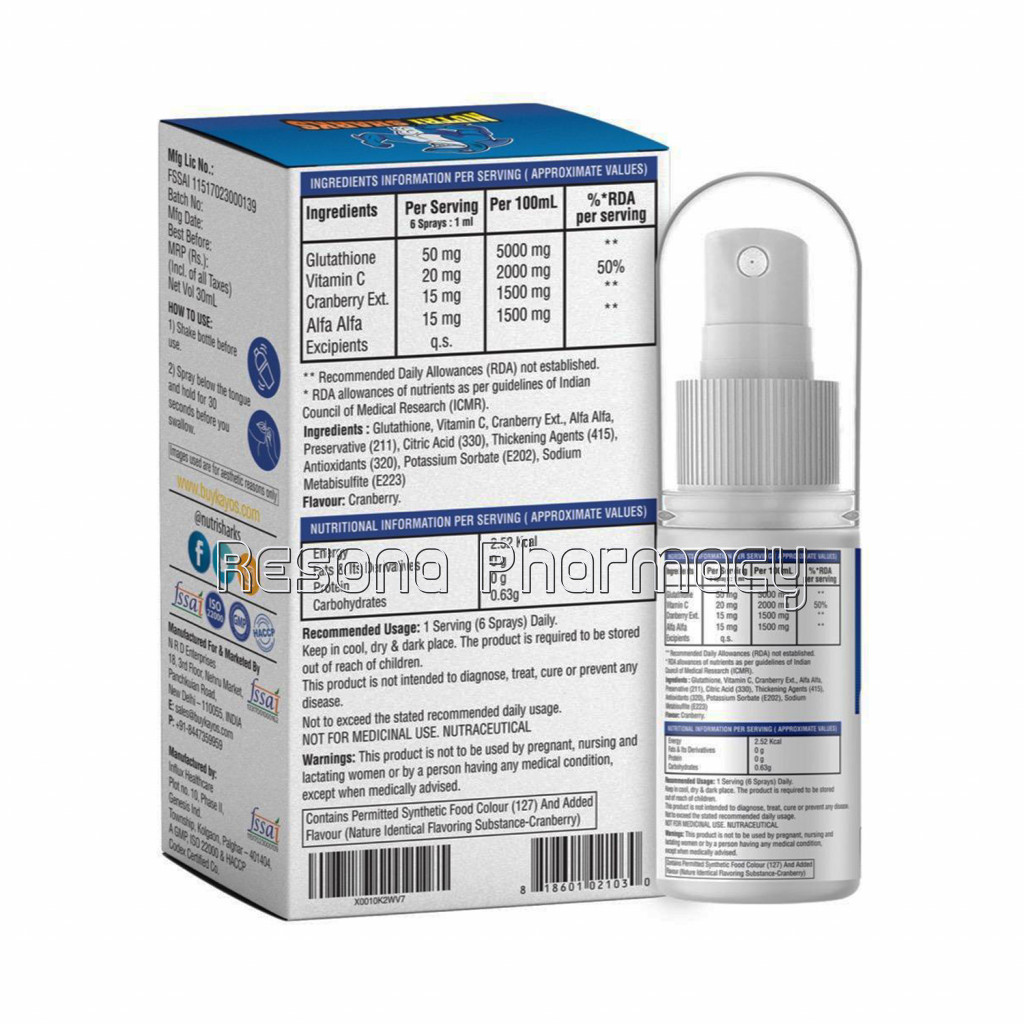 Nutrisharks Glutathione Vitamin Spray For Healthy Skin and Detox   Antioxidant With Vitamin C, Cranberry and Alfa Alfa   30 Ml