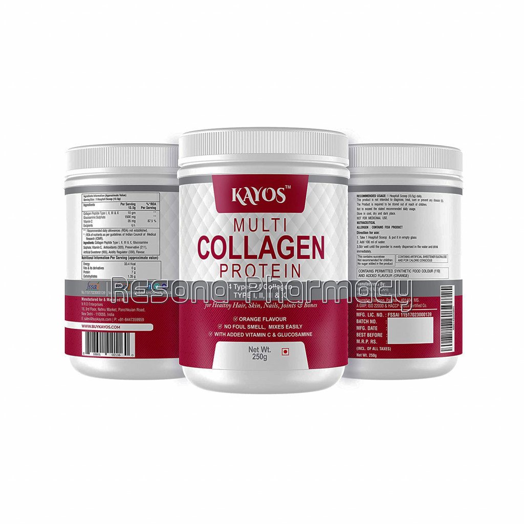 Kayos Multi Collagen Protein Powder (Type I, Ii, Iii and X) With Vitamin C and Glucosamine – No Foul Smell, Mixes Easily For Healthy Hair, Skin, Nails, Joints and Bones   250G