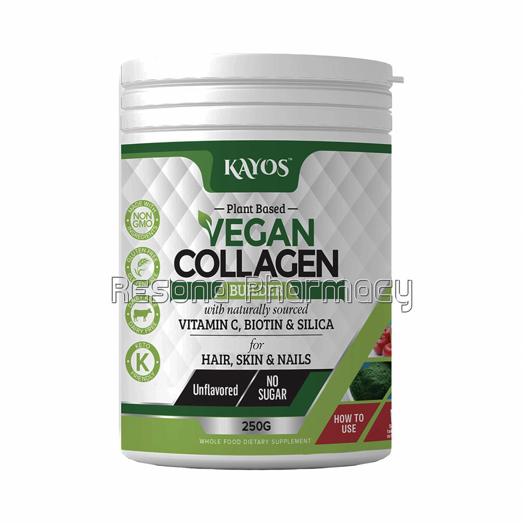 Kayos Plant Based Vegan Collagen Powder Supplement For Hair, Skin, Nails, Joints With Spirulina, Green Tea, Sea Buckthorn, Acerola Cherry and More – 250G
