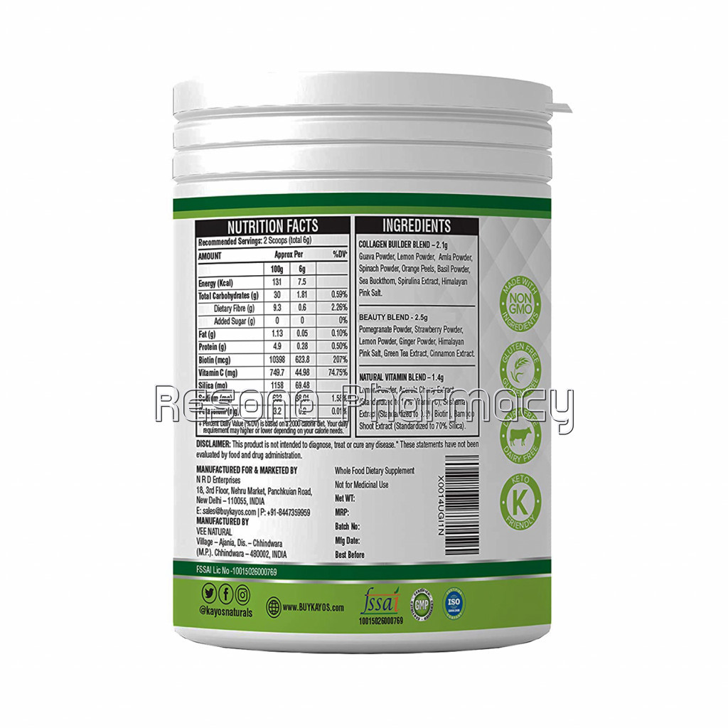Kayos Plant Based Vegan Collagen Powder Supplement For Hair, Skin, Nails, Joints With Spirulina, Green Tea, Sea Buckthorn, Acerola Cherry and More – 250G
