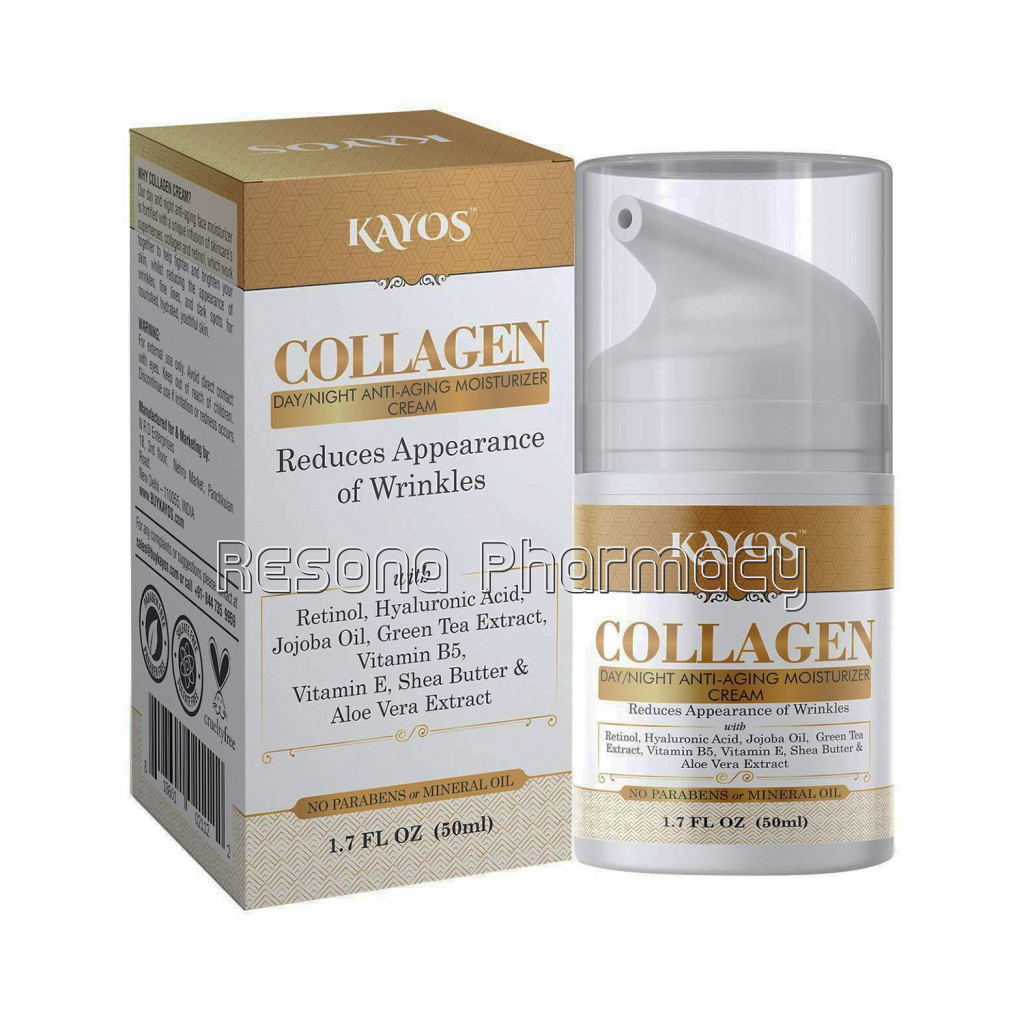 Kayos Collagen Day Night Anti Aging Moisturizing Cream With Retinol, Aloe Vera and Green Tea Extracts, Vitamin B5, Vitamin E   No Parabens Or Mineral Oil   50Ml