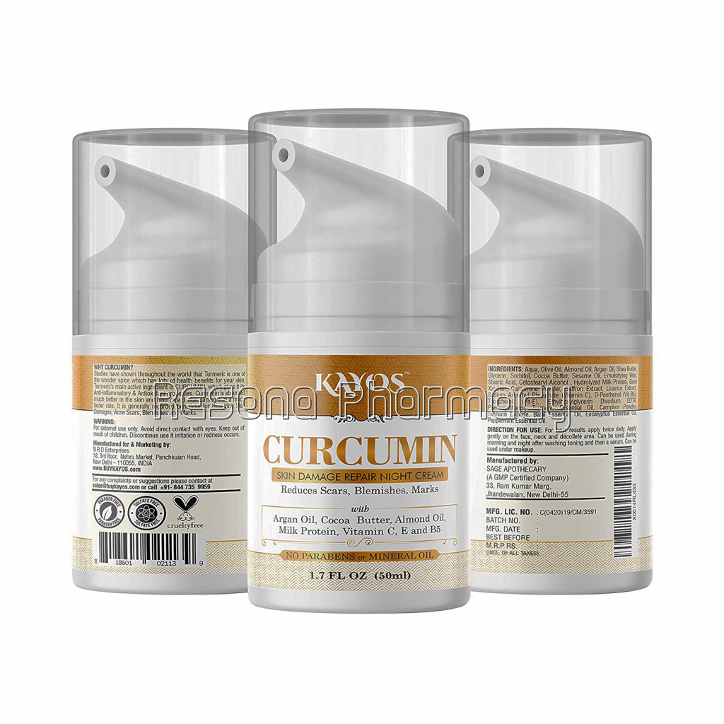 Kayos Curcumin Skin Damage Repair Night Cream With Vitamin C, Milk Protein, Argan Oil, Vitamin E and More – 50 Ml