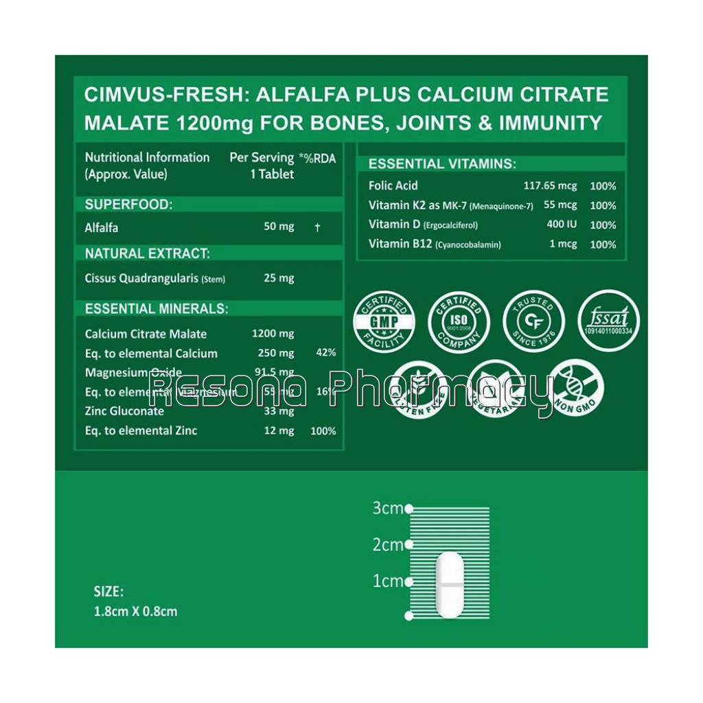 Cf Alfalfa Calcium Citrate Malate 1200Mg With Vitamin D, K2 Mk7 , B12, Magnesium and Zinc – 60 Veg Tablets