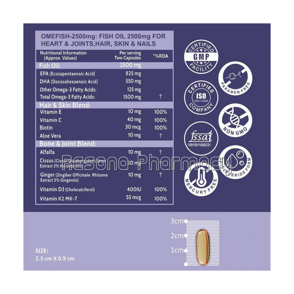 Cf Omega 3 Fish Oil 2500Mg (Omega 3 1500 Mg; 900 Mg Epa; And 600 Mg Dha Per Serving) With Biotin, Vitamin D, Vitamin K2 Mk7, Bone, Joint, Hair and Skin Blend Supplement – 60 Capsules