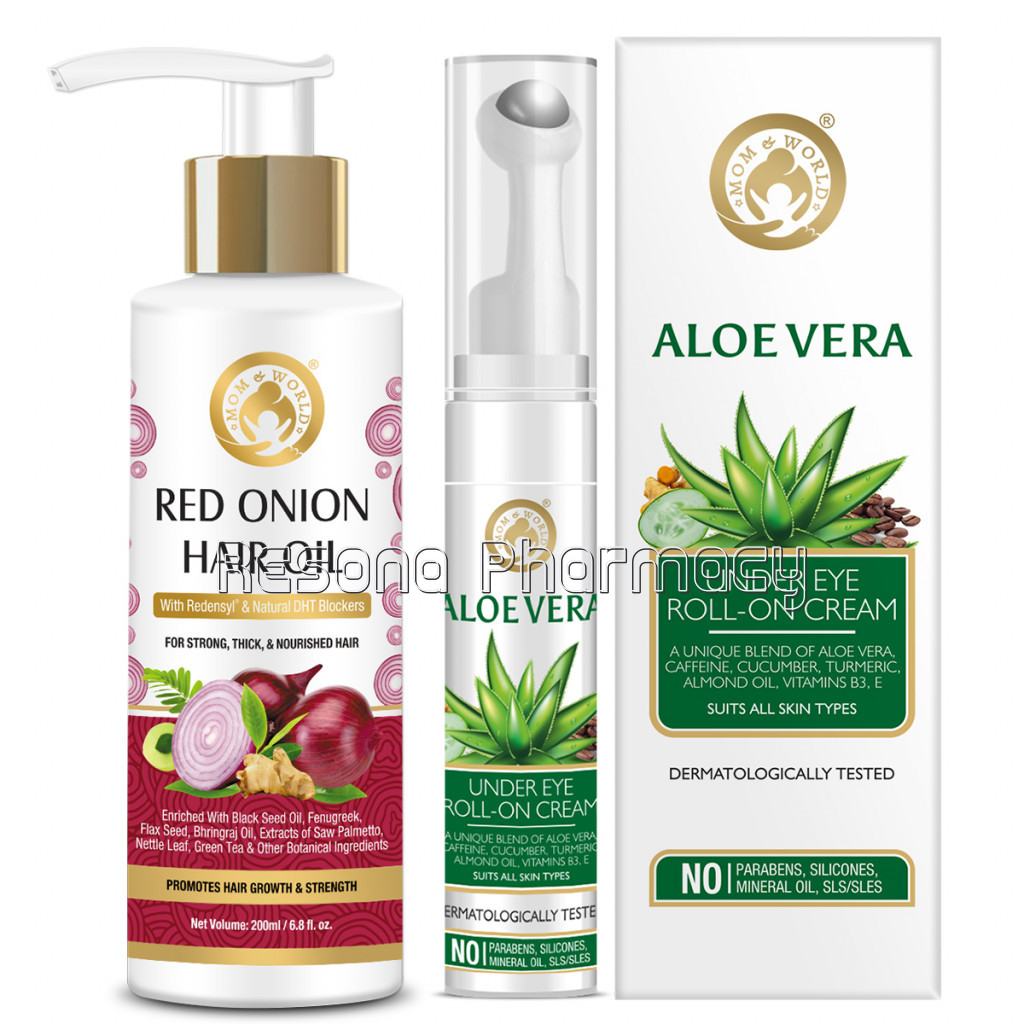 Red Onion Hair Oil 200Ml Plus Aloe Vera Under Eye Roll On Cream 15Ml