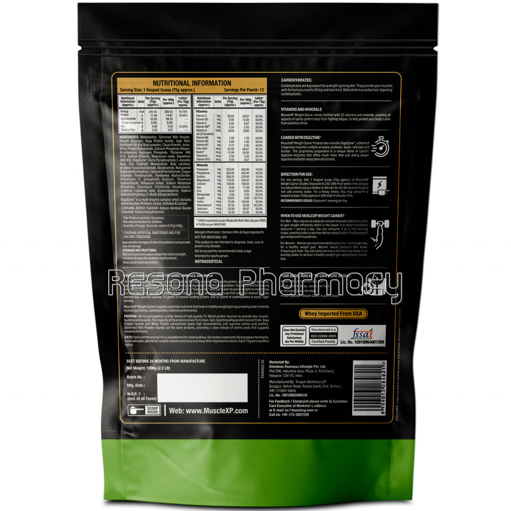 Weight Gainer – With 25 Vitamins And Minerals, Digestive Enzymes, Double Chocolate, 1Kg (Pouch)