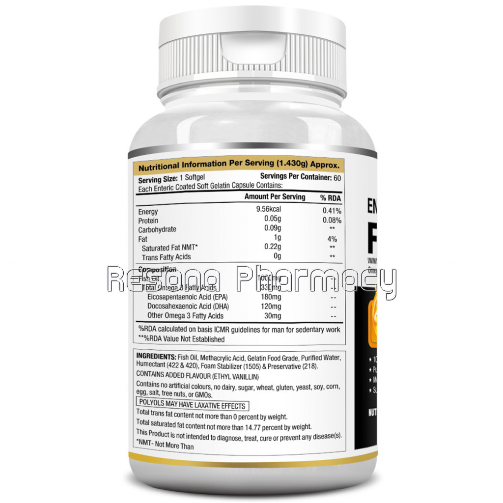Omega 3 Fish Oil 1000 Mg (180Mg Epa And 120Mg Dha), 60 Enteric Coated Softgels