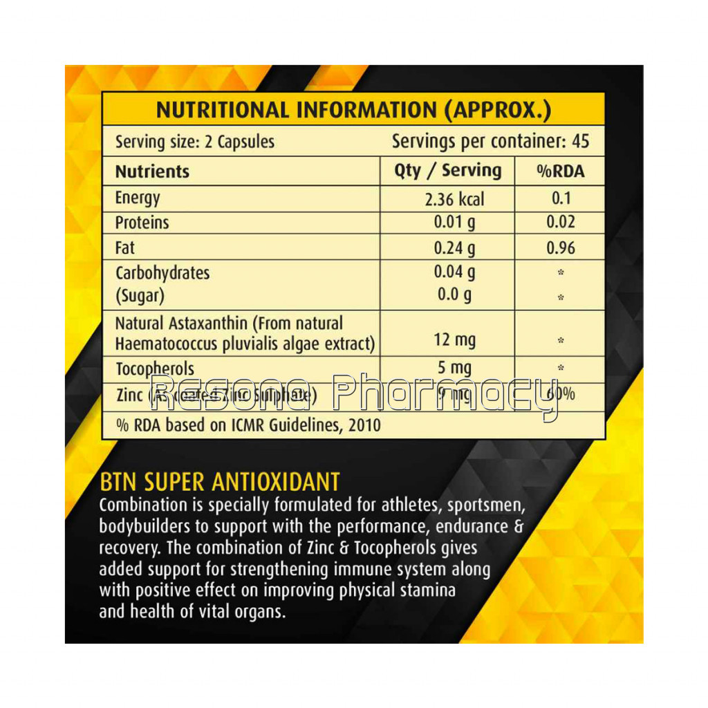 Super Antioxidant Astaxanthin 12 Mg, With NaNaturalTocopherols and Zinc | For Energy, Eyes, Muscle and Skin |   90 Veg Capsules