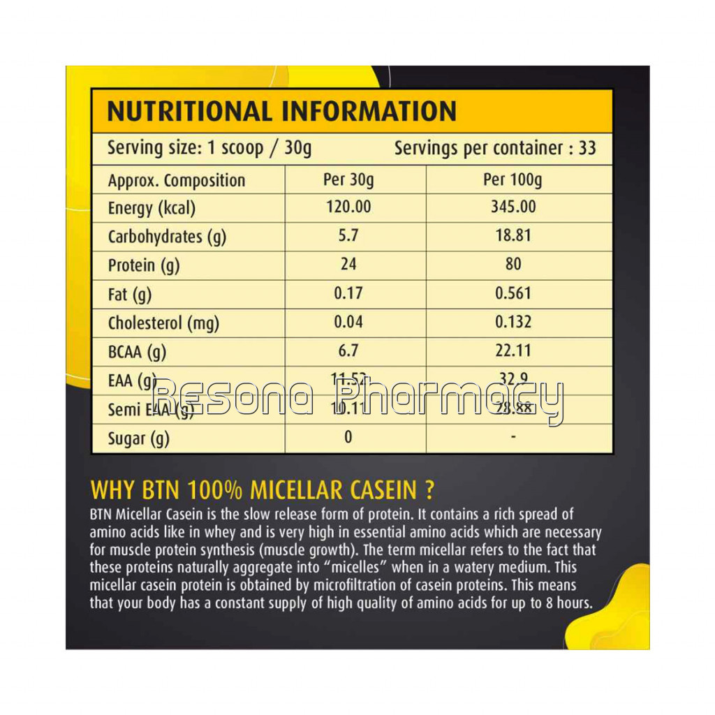 Micellar Casein Protein Powder | Upto 12 Hours Slow Release Protein | Unflavoured, With Enzymes | 33 Servings   1Kg