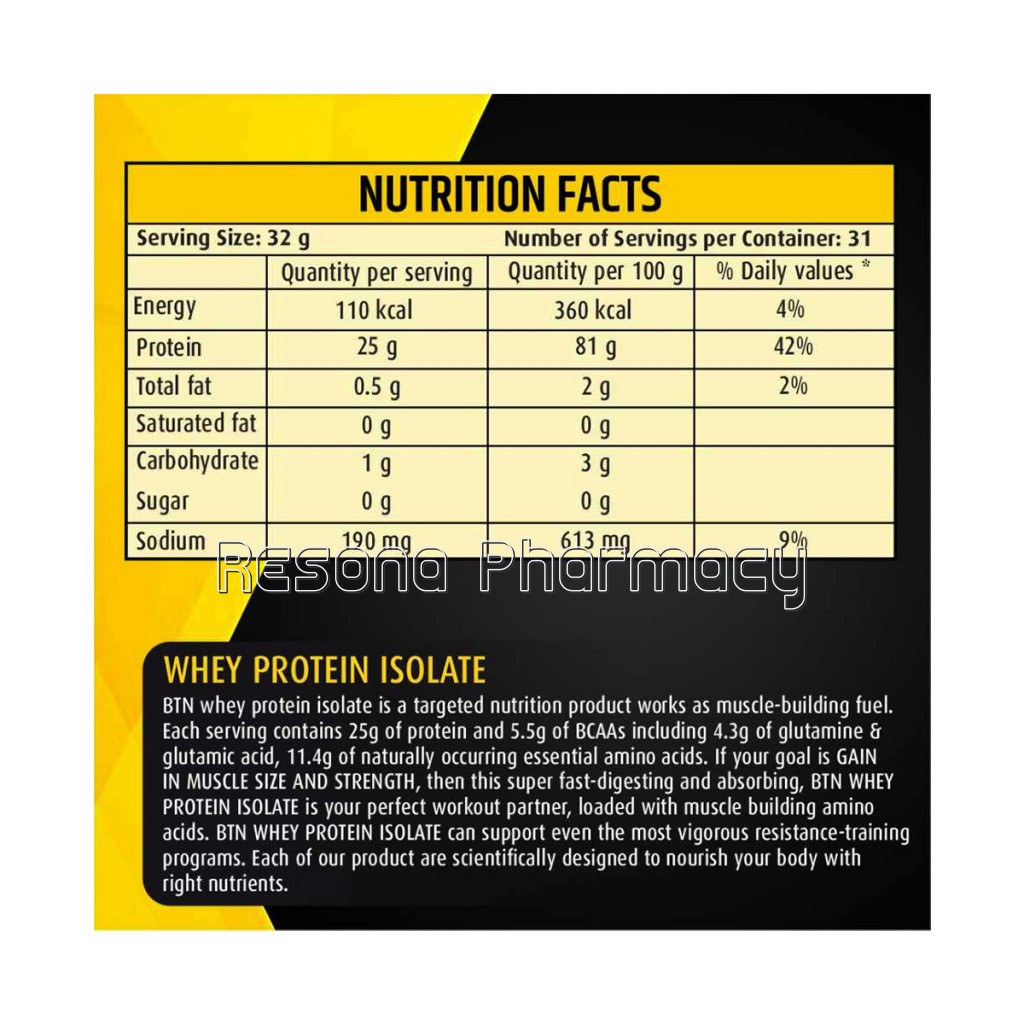 Btn 100% Whey Protein Isolate 1 Kg   31 Servings (Dutch Chocolate), 0G Sugar, 5.5G Bcaa, Sweetened With Stevia, Fortified With Digestive Enzymes and Probiotics