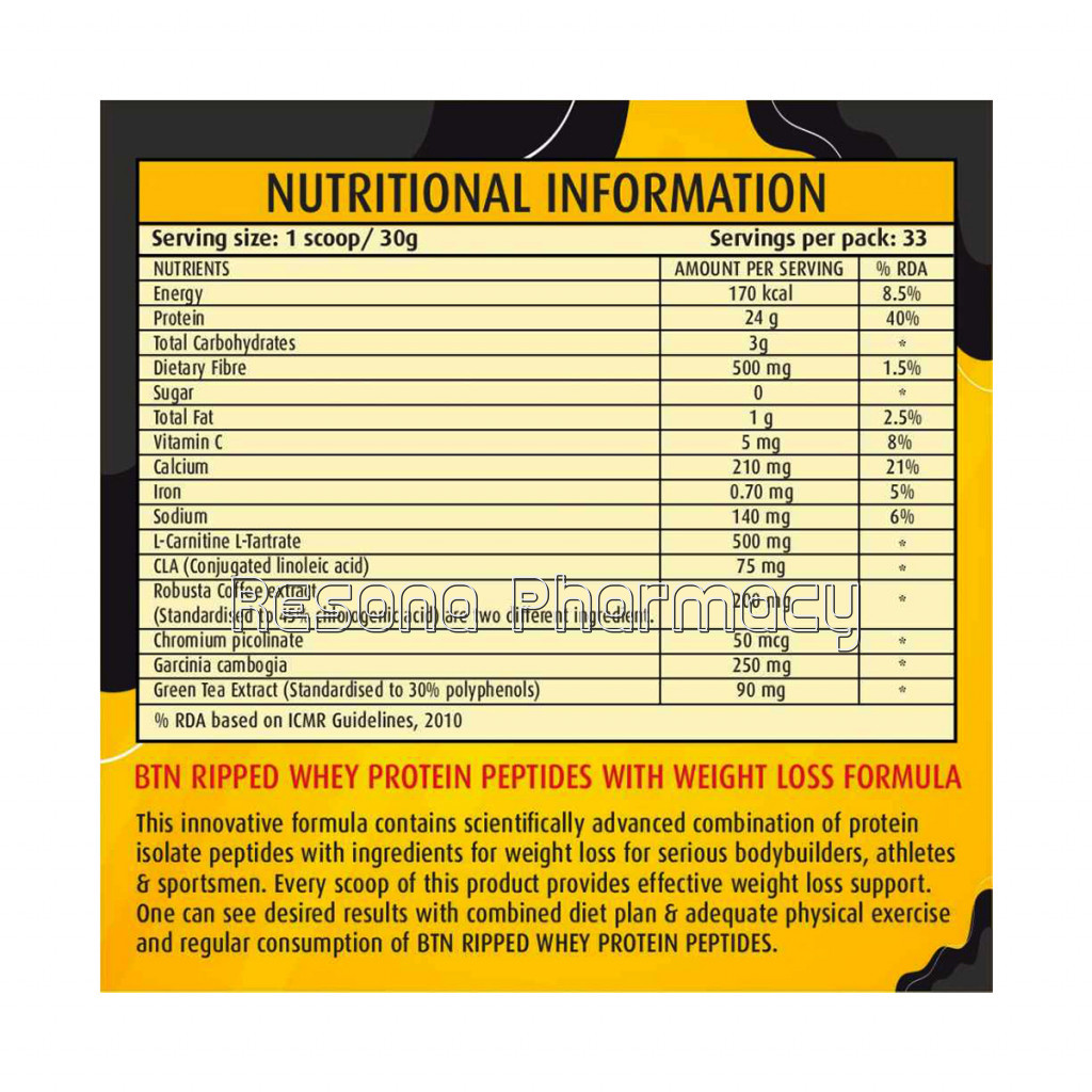 Btn Ripped Whey Protein Peptides With Weight Loss Ingredients (Pre and Post Workout) Chocolate Fudge 1 Kg