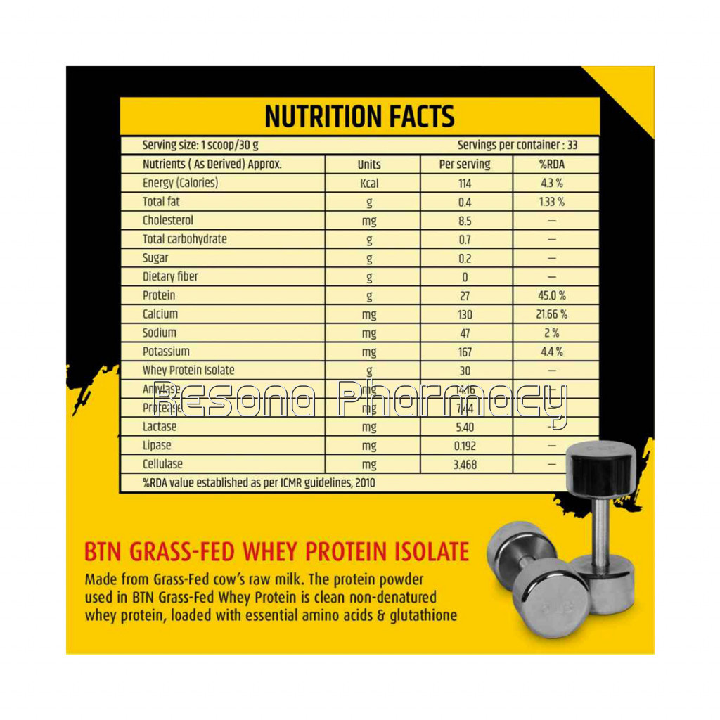 Btn Grassfed Whey Protein Iso With Digestive Enzymes and 2 Billion Cfu Probiotics  1 Kg (33 Servings)