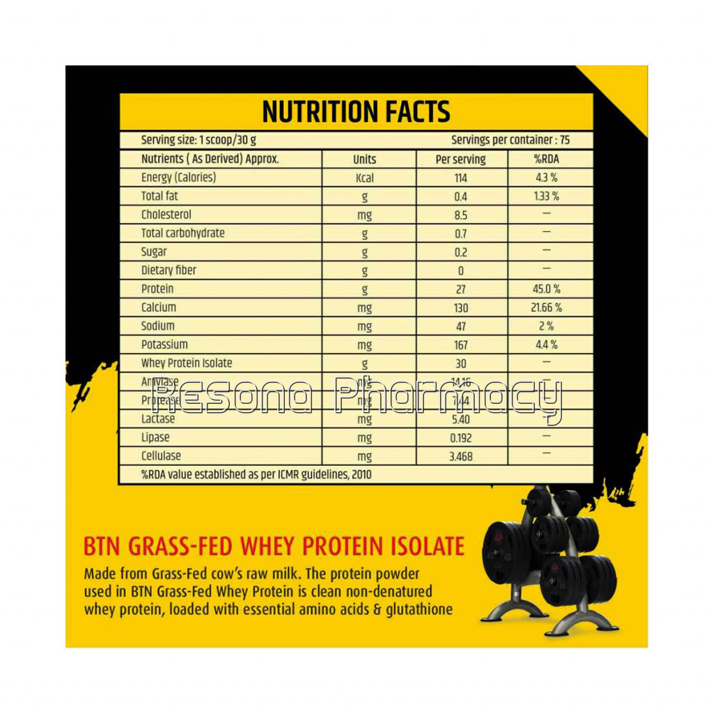 Btn Grass Fed Whey Protein Iso With Digestive Enzymes and 2 Billion Cfu Probiotics   2.3Kg (75 Servings)