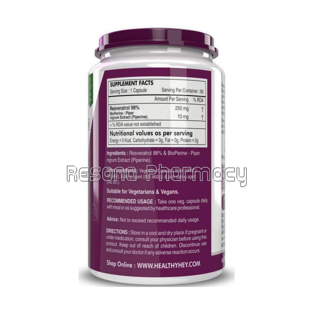 Resveratrol Extract 98% Plus Bioperine For Absorption   260Mg   60 Vegetable Capsules