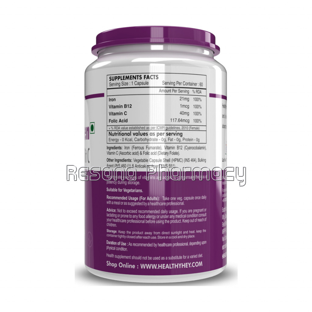 Iron Supplement For Women  100% Chelated   With Vitamin B12, Folic Acid and Vitamin C For High Absorption (60 Veg Capsules)