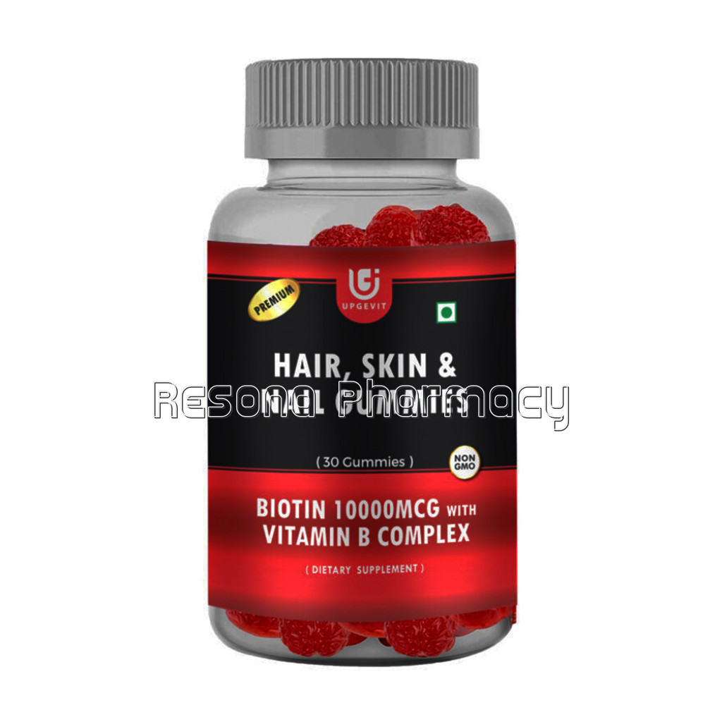 Upgevit Hair Gummies With 10000Mcg Biotin For Healthy Hair, Strawberry Flavour With Hair Vitamins | Vitamin A, Vitamin C, Vitamin E and Zinc | 30 Veg Gummies