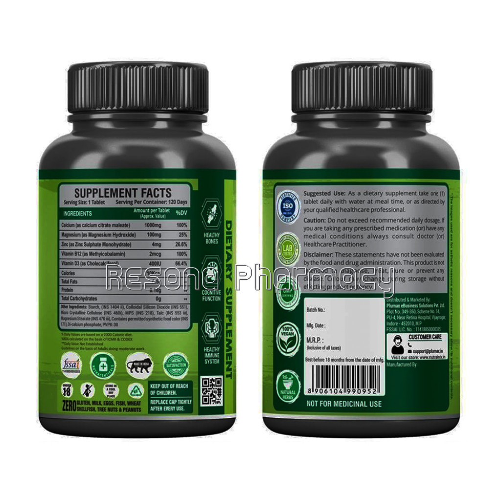 Nutrainix Calcium Vitamin D3, Zinc, Magnesium And B12 Bone Health Supplement  120 Vegetarian Tablets