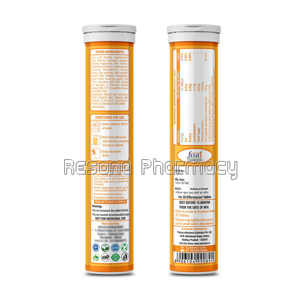 Nutrainix Charge Vitamin C Antioxidant 1000 Mg – NaNaturalAmla For Immunity – 20 Effervescent Tablets – Orange Flavour