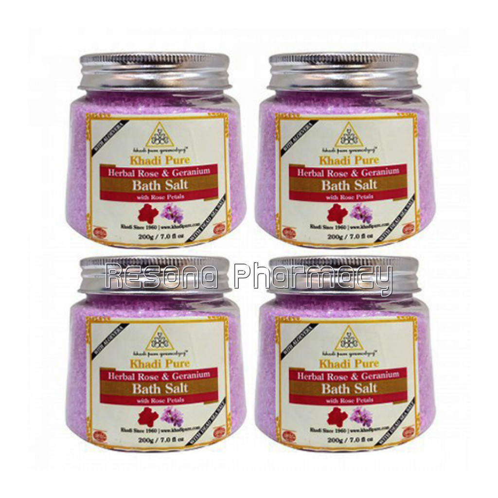 Khadi Pure Herbal Rose and Geranium Bath Salt With Rose Petals   200G (Set Of 4)