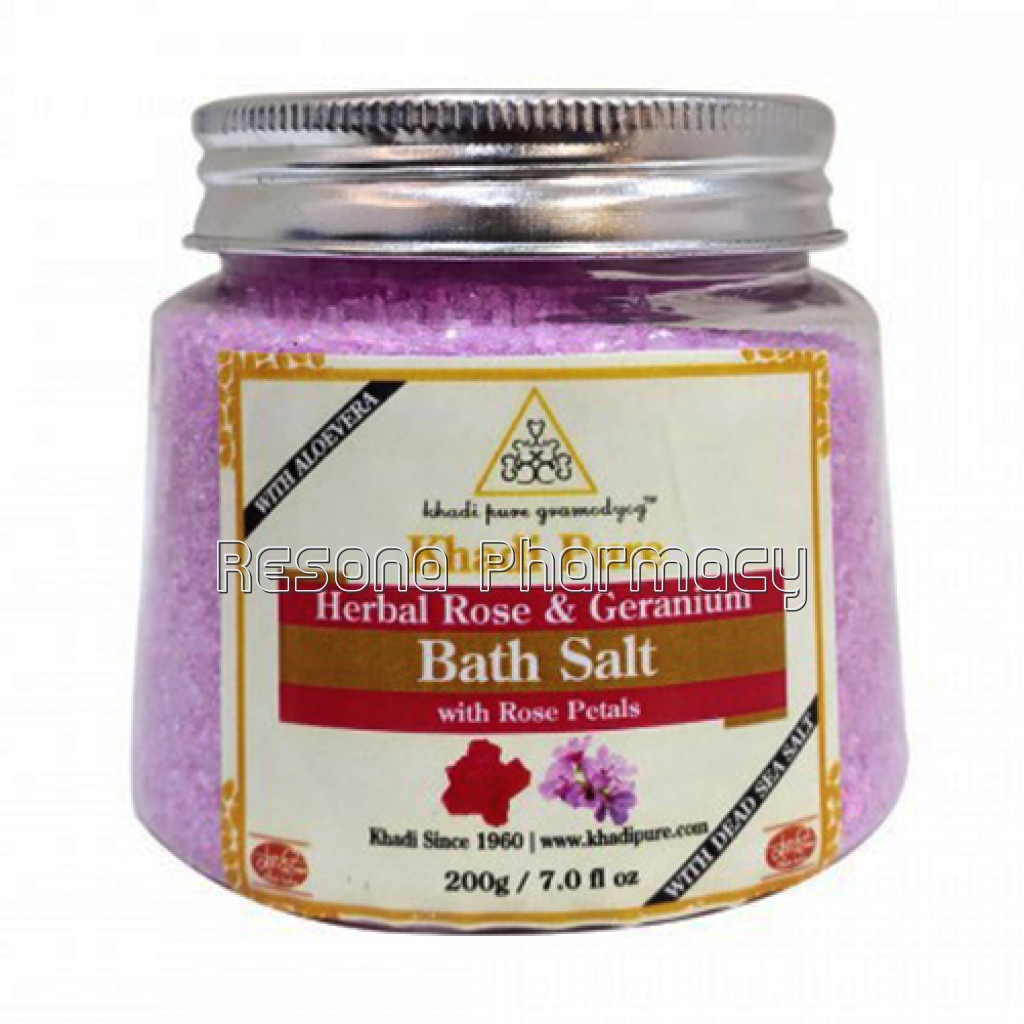 Khadi Pure Herbal Rose and Geranium Bath Salt With Rose Petals   200G