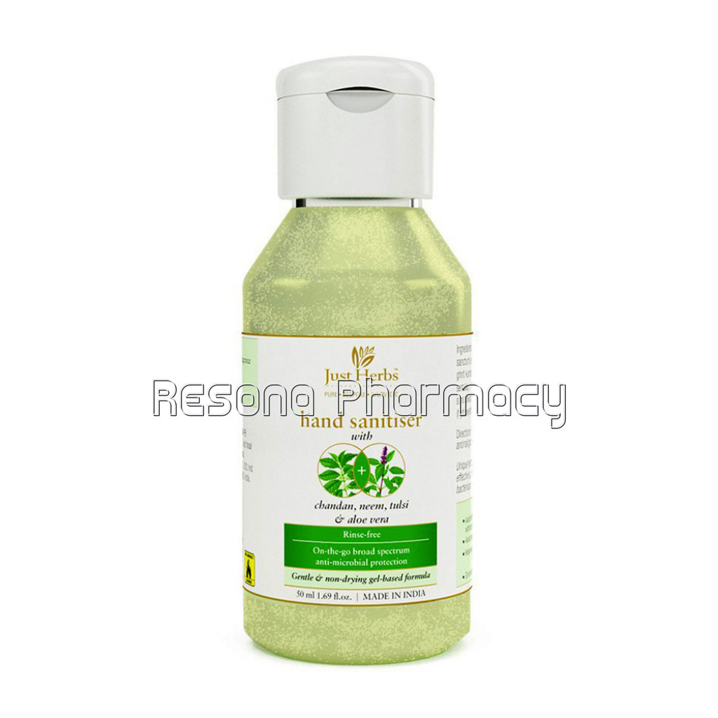 Just Herbs Hand Sanitiser   Chandan, Neem, Tulsi and Aloe Vera Gel 50Ml