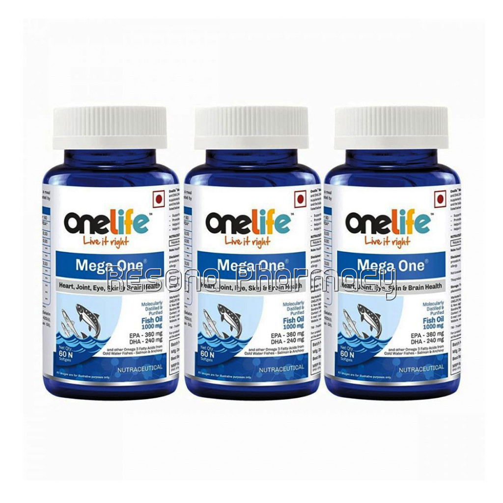 Onelife Mega One Cold Water Molecularly Distilled Ultra Purified Fish Oil Double Strength 1000Mg (Epa   360: Dha   240) 60 Softgels [Pack Of 3]