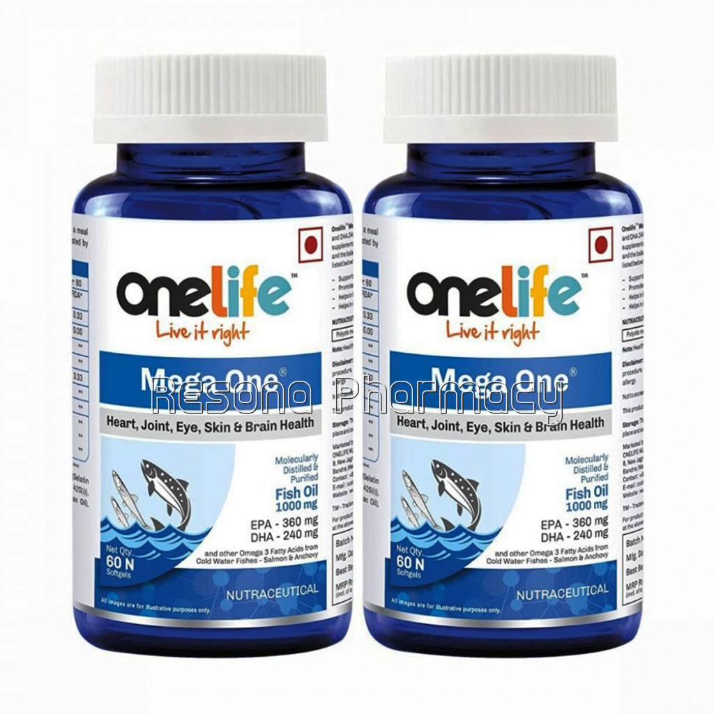 Onelife Mega One Cold Water Molecularly Distilled Ultra Purified Fish Oil Double Strength 1000Mg (Epa   360: Dha   240) 60 Softgels [Pack Of 2]