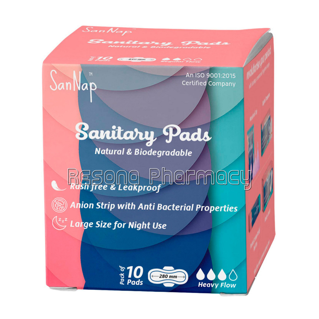 Sannap Biodegradable Super Soft Anion Sanitary Pads/Napkins, Antibacterial, Ultra Thin And Rash Free Protection – Large (L) Night Pads (Pack Of 10) (Large)