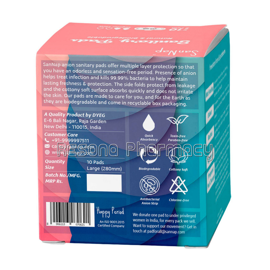 Sannap Biodegradable Super Soft Anion Sanitary Pads/Napkins, Antibacterial, Ultra Thin And Rash Free Protection – Large (L) Night Pads (Pack Of 10) (Large)