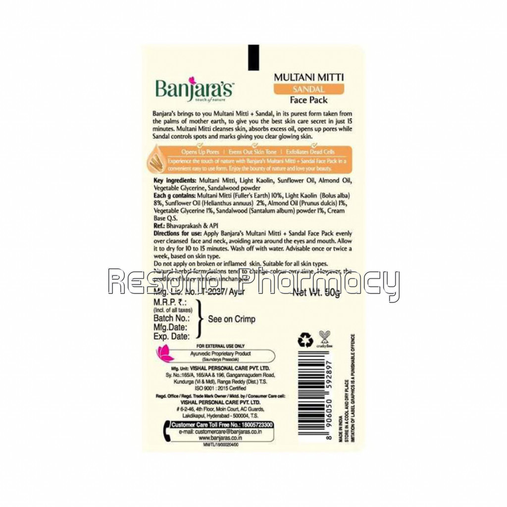 Banjara'S Multani Mitti Plus Sandal Face Pack 50Gms (Tube)