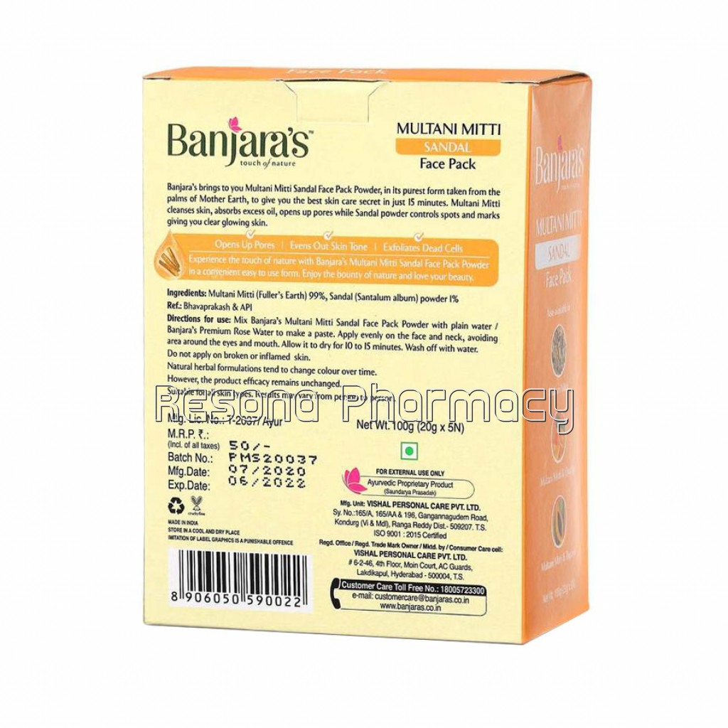 Banjara'S Multani Mitti Plus Sandal Face Pack Powder 100Gms (5*20Gms)