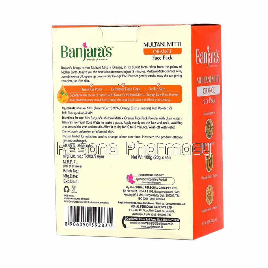 Banjara'S Multani Mitti Plus Orange Face Pack Powder 100Gms (5*20Gms)